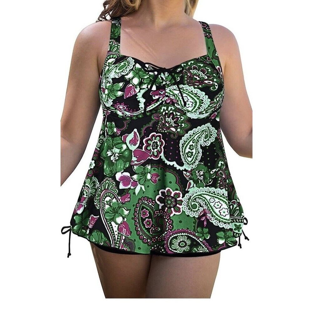 SEPTANGLE Greens/Burgundy/Black Paisley Tankini Boyshort Sz 18W NWT